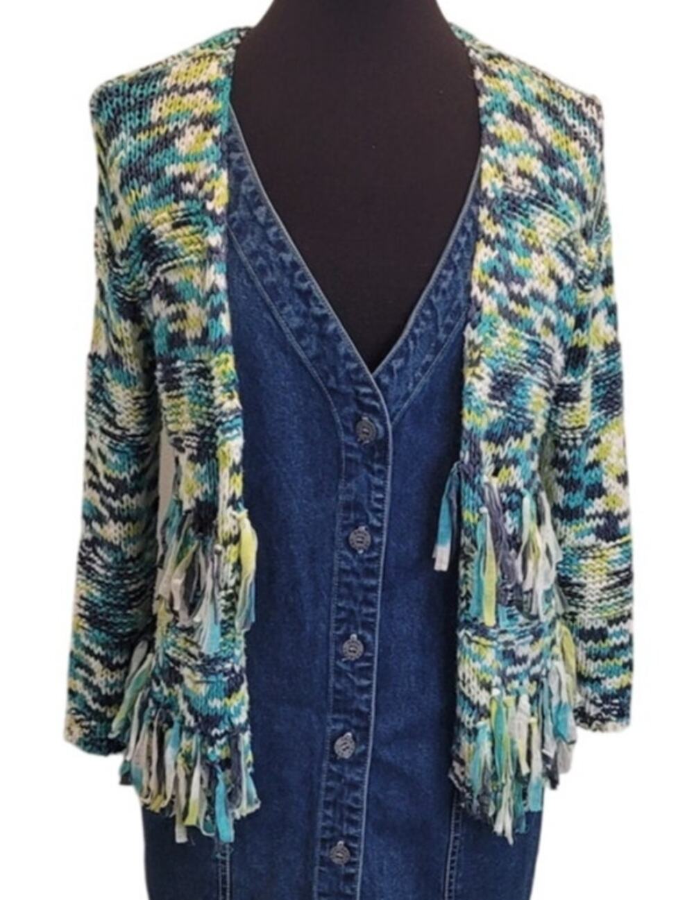 Ruby Rd Fringe Relaxed Cardigan PS Teal Coastal Campus College School Chic